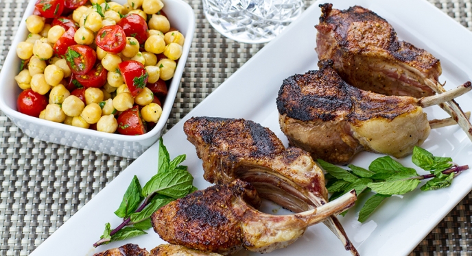 Lamb Chops with Harissa Rub and Tomato Garbanzo Salad